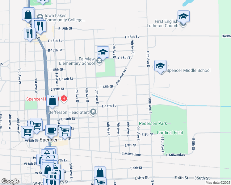 map of restaurants, bars, coffee shops, grocery stores, and more near 1210 Fairview Ave in Spencer