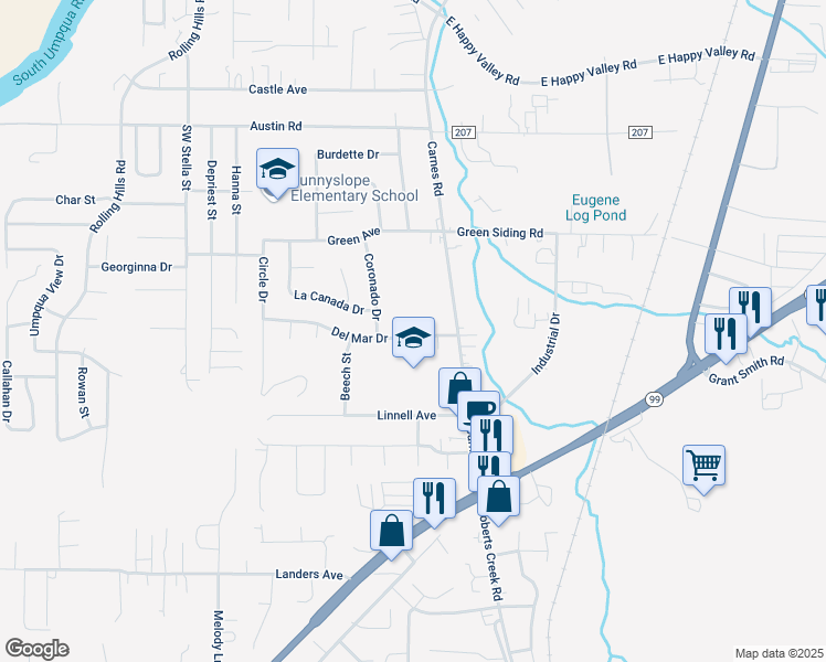 map of restaurants, bars, coffee shops, grocery stores, and more near 1916 Del Mar Drive in Roseburg
