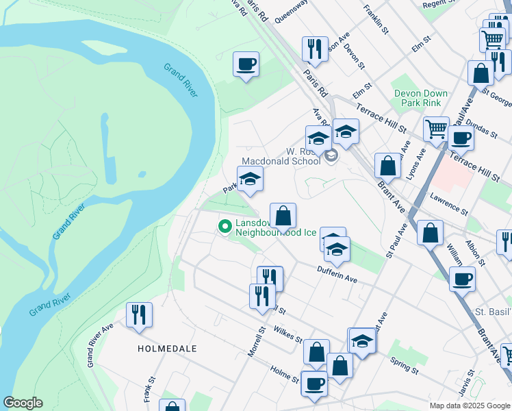 map of restaurants, bars, coffee shops, grocery stores, and more near 13 Preston Boulevard in Brantford