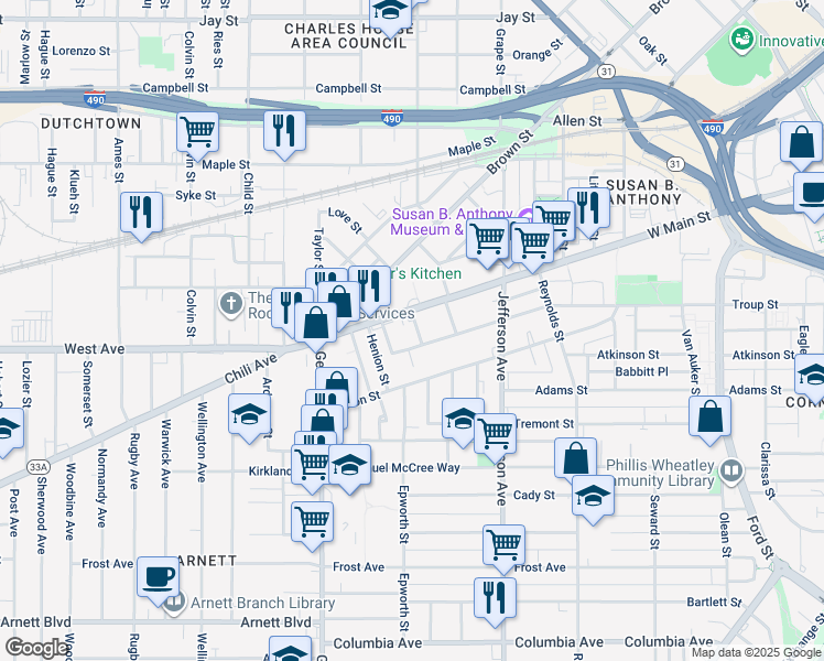 map of restaurants, bars, coffee shops, grocery stores, and more near 7 Edgewood Park in Rochester