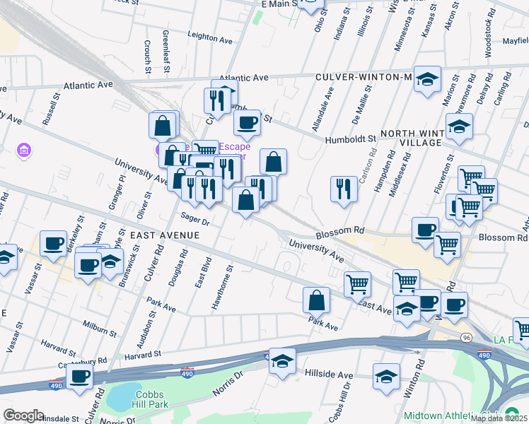 map of restaurants, bars, coffee shops, grocery stores, and more near 1344 University Avenue in Rochester