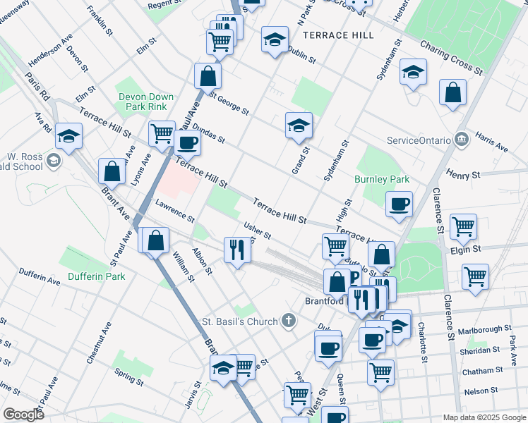 map of restaurants, bars, coffee shops, grocery stores, and more near 130 Terrace Hill Street in Brantford