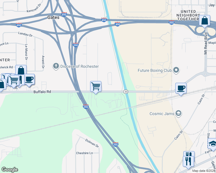 map of restaurants, bars, coffee shops, grocery stores, and more near 898 Buffalo Road in Rochester