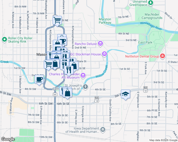 map of restaurants, bars, coffee shops, grocery stores, and more near 108 South Connecticut Avenue in Mason City