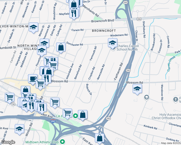 map of restaurants, bars, coffee shops, grocery stores, and more near 57 Croydon Road in Rochester