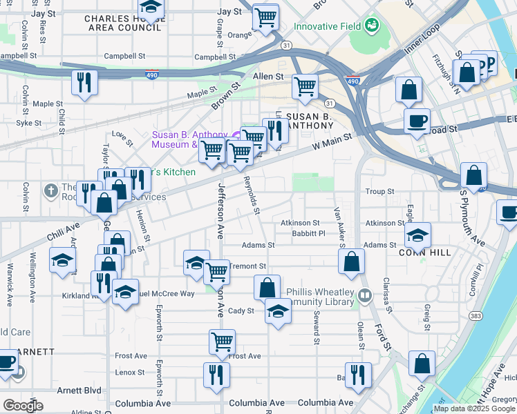 map of restaurants, bars, coffee shops, grocery stores, and more near 40 Reynolds Street in Rochester