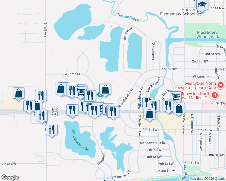map of restaurants, bars, coffee shops, grocery stores, and more near 2001 Hunters Ridge Drive in Mason City