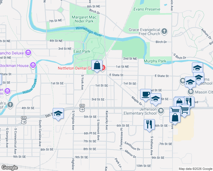 map of restaurants, bars, coffee shops, grocery stores, and more near 999 1st Street Southeast in Mason City
