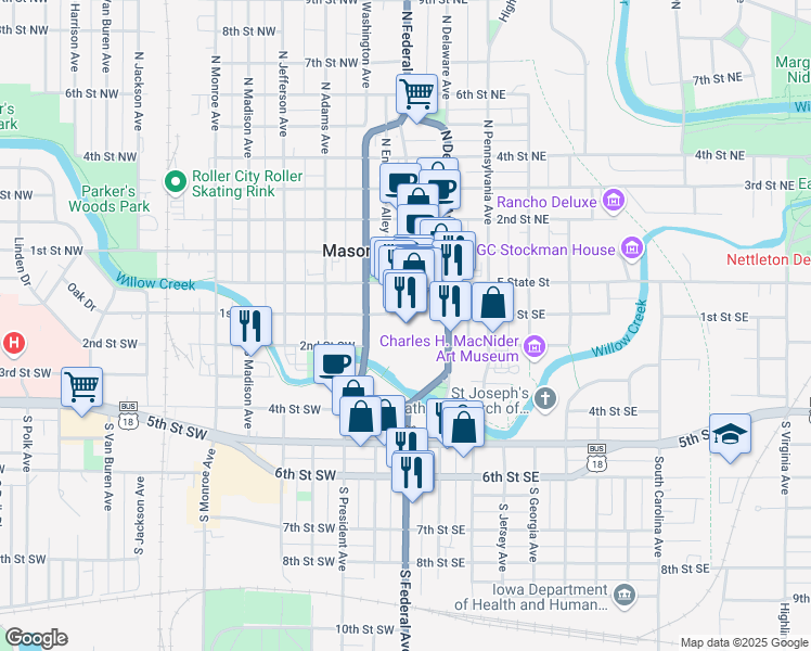 map of restaurants, bars, coffee shops, grocery stores, and more near 100 South Federal Avenue in Mason City