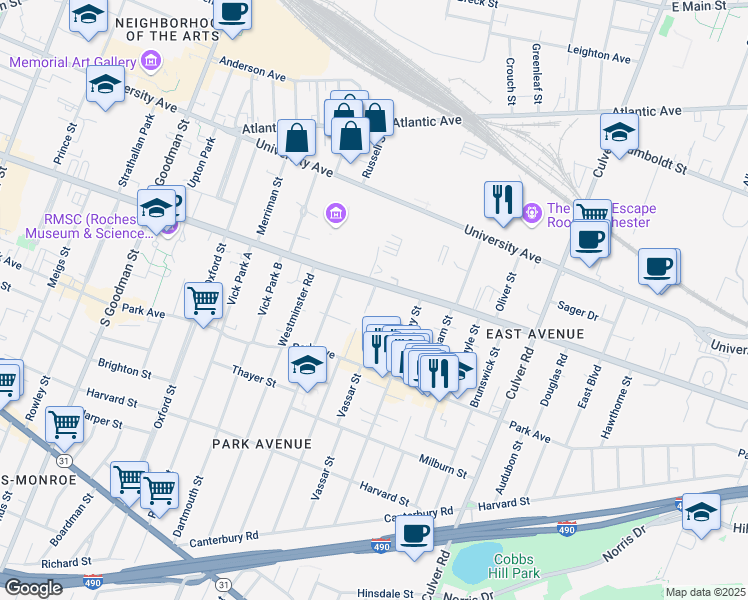 map of restaurants, bars, coffee shops, grocery stores, and more near 973 East Avenue in Rochester
