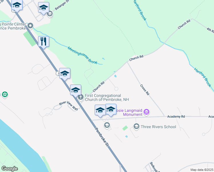 map of restaurants, bars, coffee shops, grocery stores, and more near 225 Church Road in Pembroke