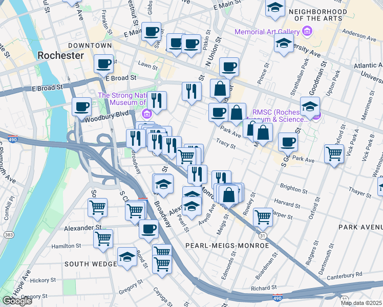 map of restaurants, bars, coffee shops, grocery stores, and more near 59 Priem Street in Rochester
