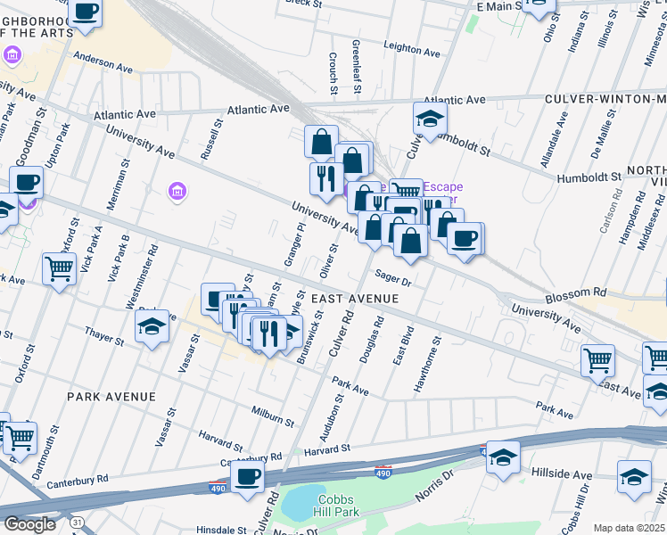 map of restaurants, bars, coffee shops, grocery stores, and more near 32 Oliver Street in Rochester