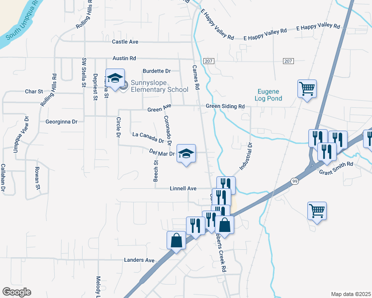 map of restaurants, bars, coffee shops, grocery stores, and more near 1944 Del Mar Drive in Roseburg