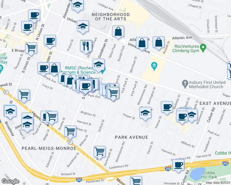 map of restaurants, bars, coffee shops, grocery stores, and more near 240 Oxford Street in Rochester