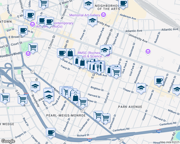 map of restaurants, bars, coffee shops, grocery stores, and more near 206 Park Avenue in Rochester