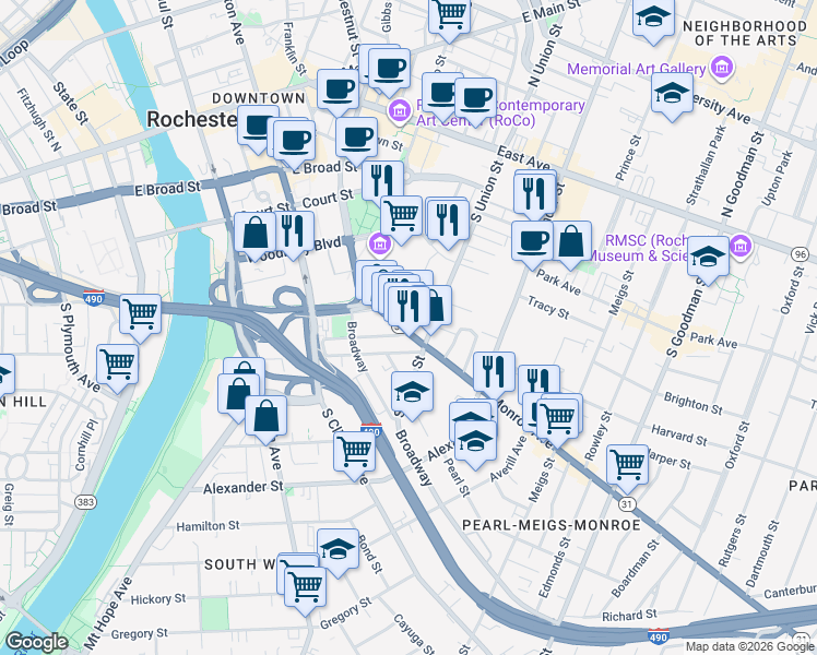 map of restaurants, bars, coffee shops, grocery stores, and more near 72 Marshall Street in Rochester