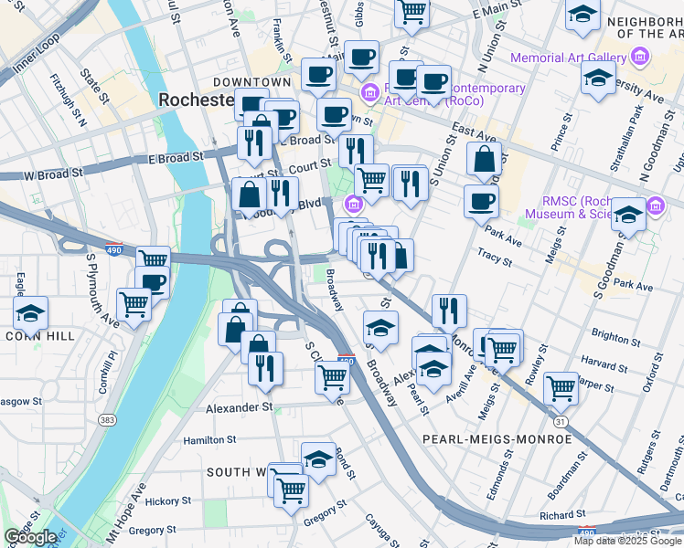 map of restaurants, bars, coffee shops, grocery stores, and more near 308 Broadway in Rochester