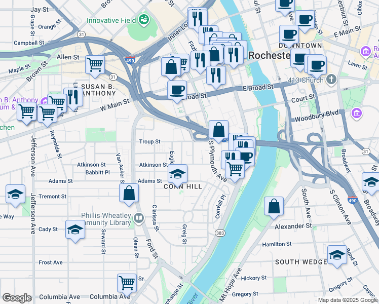 map of restaurants, bars, coffee shops, grocery stores, and more near 91 South Washington Street in Rochester
