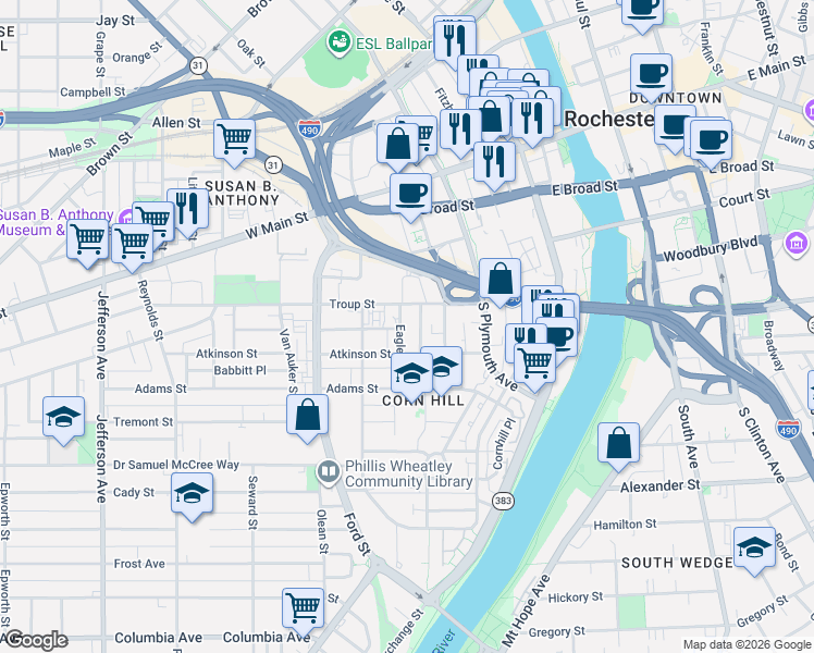 map of restaurants, bars, coffee shops, grocery stores, and more near 11-17 Eagle Street in Rochester