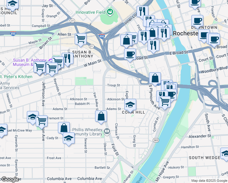 map of restaurants, bars, coffee shops, grocery stores, and more near 297 Clarissa Street in Rochester