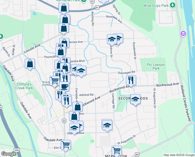 map of restaurants, bars, coffee shops, grocery stores, and more near in St. Catharines