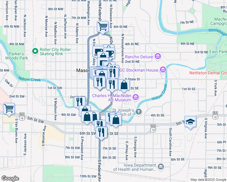 map of restaurants, bars, coffee shops, grocery stores, and more near in Mason City