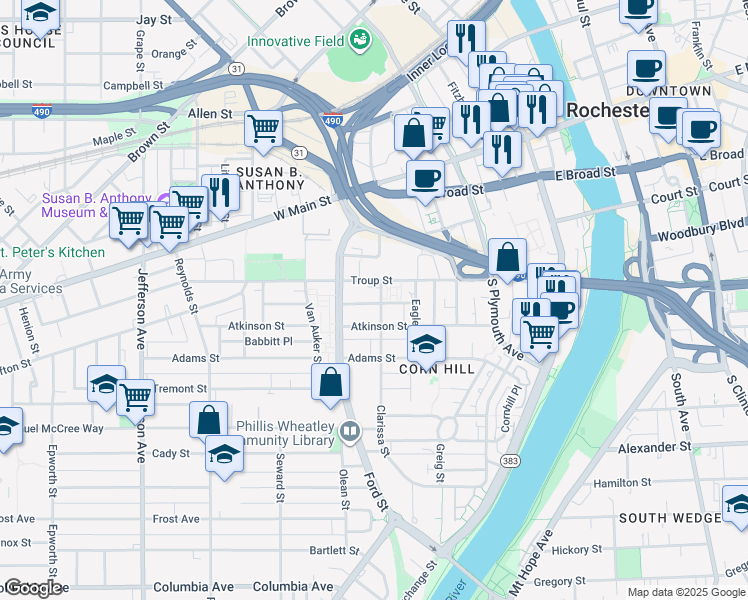 map of restaurants, bars, coffee shops, grocery stores, and more near 297 Clarissa Street in Rochester