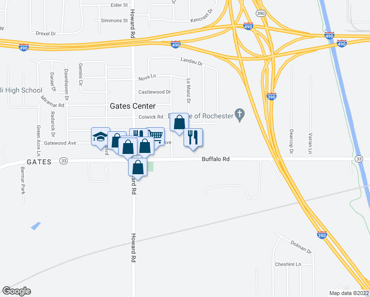 map of restaurants, bars, coffee shops, grocery stores, and more near 1334 Buffalo Road in Rochester