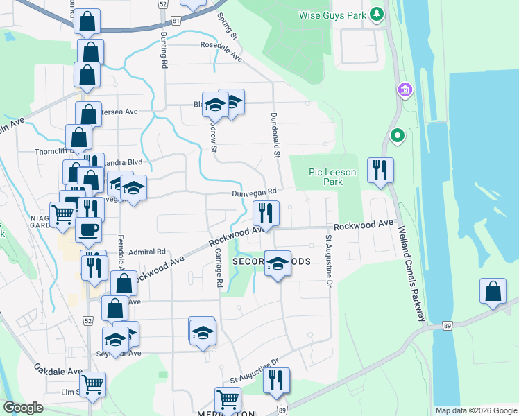 map of restaurants, bars, coffee shops, grocery stores, and more near 100 Woodrow Street in St. Catharines