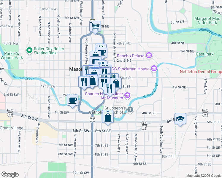 map of restaurants, bars, coffee shops, grocery stores, and more near 110 S Pennsylvania Ave in Mason City