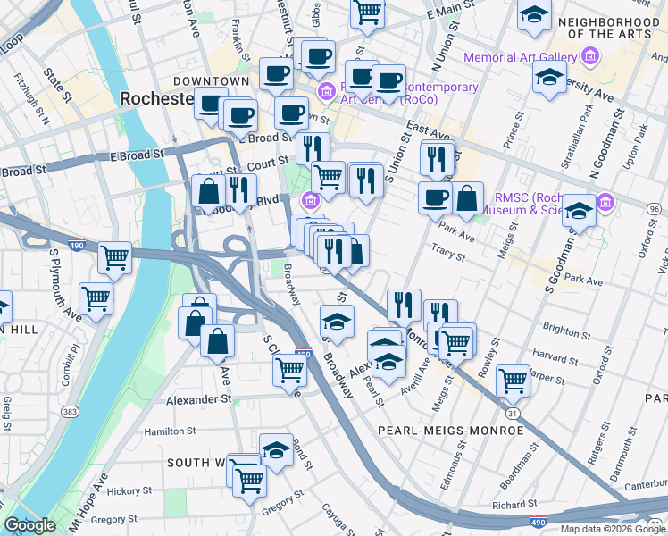 map of restaurants, bars, coffee shops, grocery stores, and more near 72 Marshall Street in Rochester