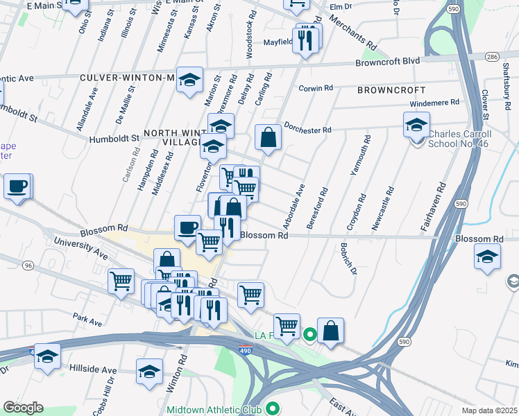 map of restaurants, bars, coffee shops, grocery stores, and more near 23 Balsam St in Rochester