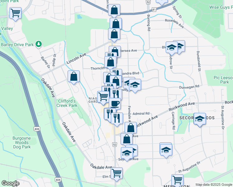 map of restaurants, bars, coffee shops, grocery stores, and more near 116 Hartzel Road in St. Catharines