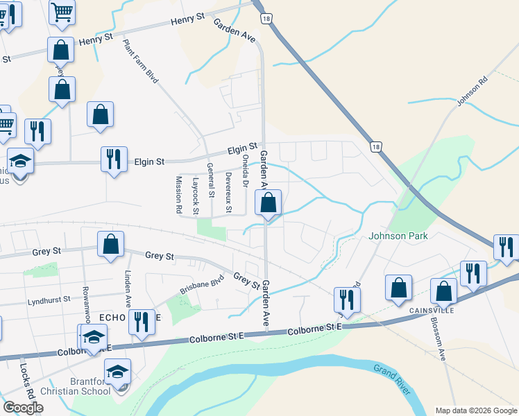 map of restaurants, bars, coffee shops, grocery stores, and more near 82 Garden Avenue in Brantford