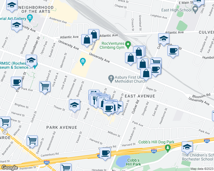 map of restaurants, bars, coffee shops, grocery stores, and more near East Ave & Berkeley St in Rochester