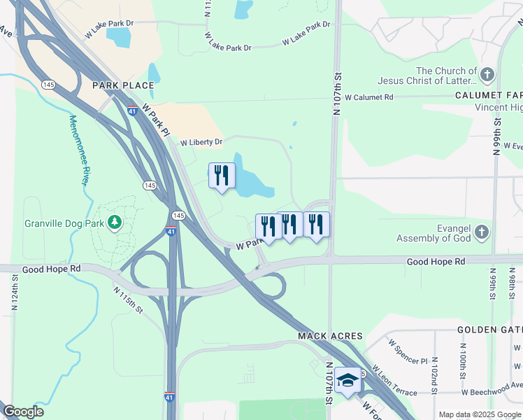 map of restaurants, bars, coffee shops, grocery stores, and more near 10850 West Park Place in Milwaukee