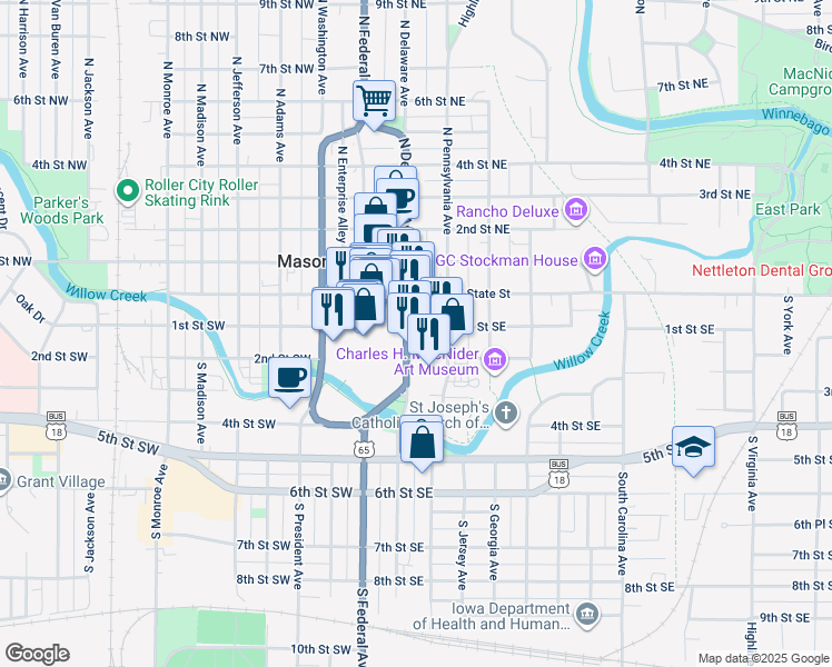 map of restaurants, bars, coffee shops, grocery stores, and more near in Mason City