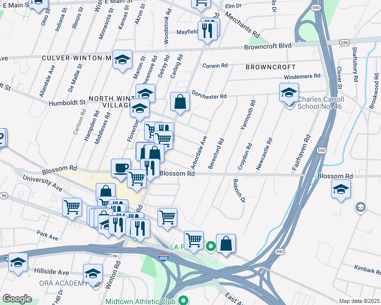 map of restaurants, bars, coffee shops, grocery stores, and more near 72 Balsam Street in Rochester