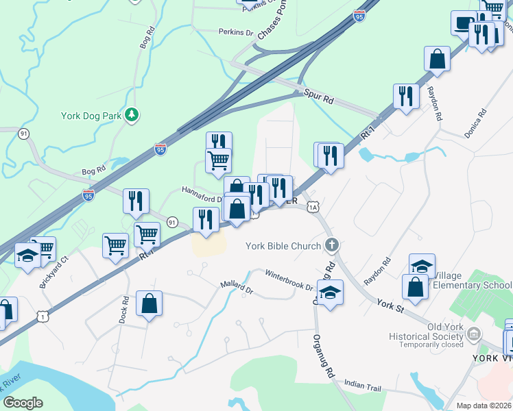 map of restaurants, bars, coffee shops, grocery stores, and more near 464 U.S. 1 in York