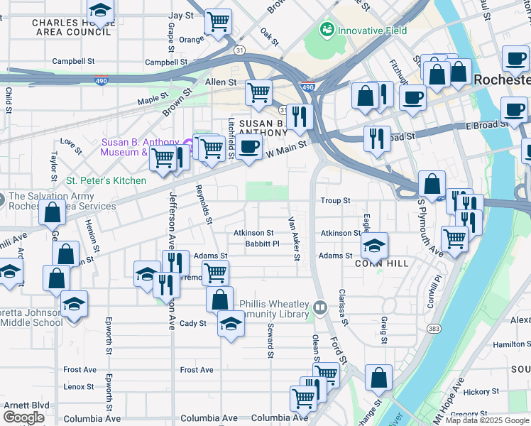 map of restaurants, bars, coffee shops, grocery stores, and more near 68 Waverly Place in Rochester