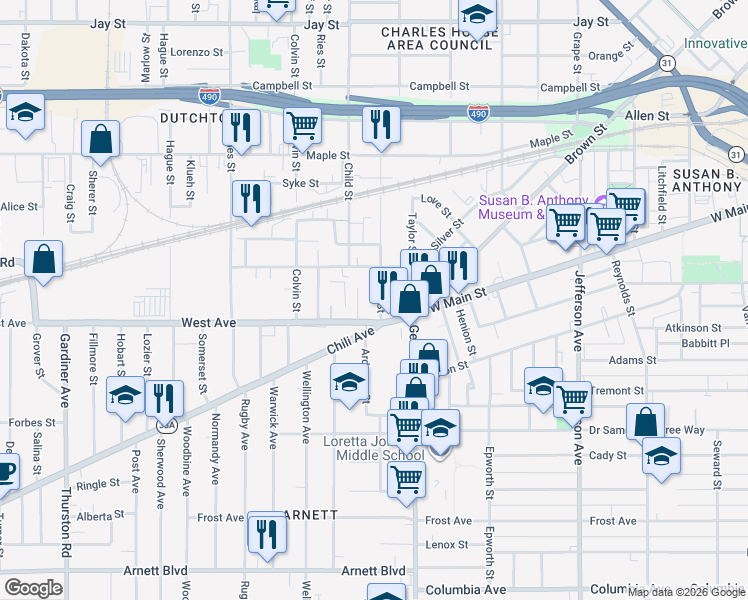 map of restaurants, bars, coffee shops, grocery stores, and more near 27 York Street in Rochester