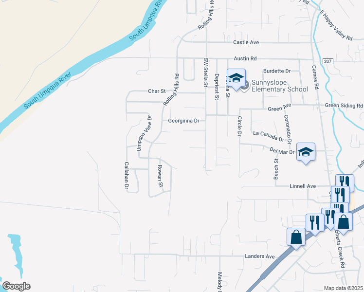 map of restaurants, bars, coffee shops, grocery stores, and more near 196 Jensen Court in Roseburg