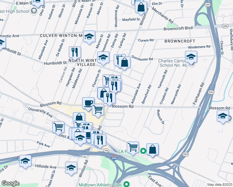 map of restaurants, bars, coffee shops, grocery stores, and more near 23 Balsam Street in Rochester