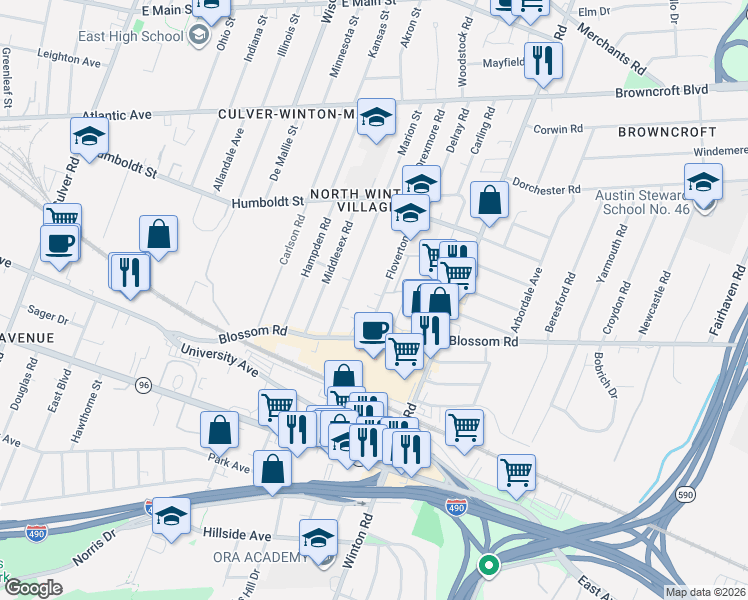 map of restaurants, bars, coffee shops, grocery stores, and more near 47 Floverton Street in Rochester