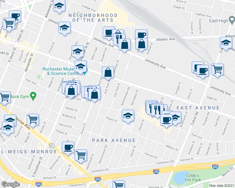 map of restaurants, bars, coffee shops, grocery stores, and more near 25 Vick Park B in Rochester