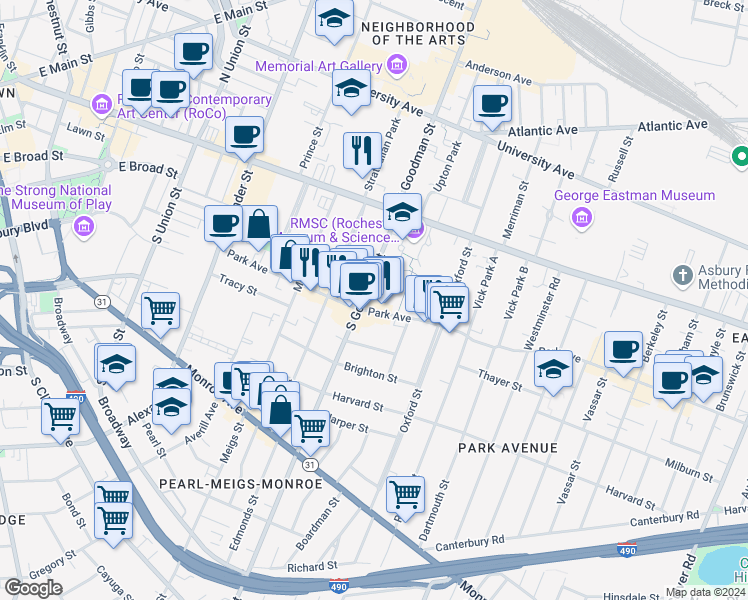 map of restaurants, bars, coffee shops, grocery stores, and more near 254 Park Avenue in Rochester