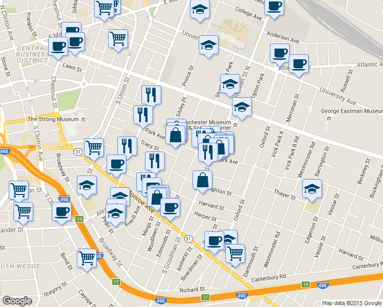 map of restaurants, bars, coffee shops, grocery stores, and more near in Rochester