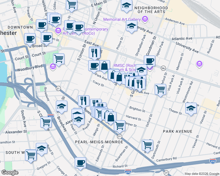 map of restaurants, bars, coffee shops, grocery stores, and more near 33 Tracy Street in Rochester