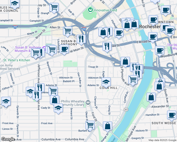 map of restaurants, bars, coffee shops, grocery stores, and more near 140 Van Auker Street in Rochester